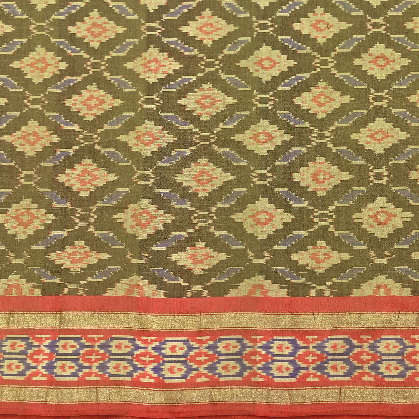 Indian Vintage Saree Green & orange Pure Silk Hand Woven Ikat Sari Craft Fabric 5Yard Dress Making Ethnic Premium Saree Quilting Crafting