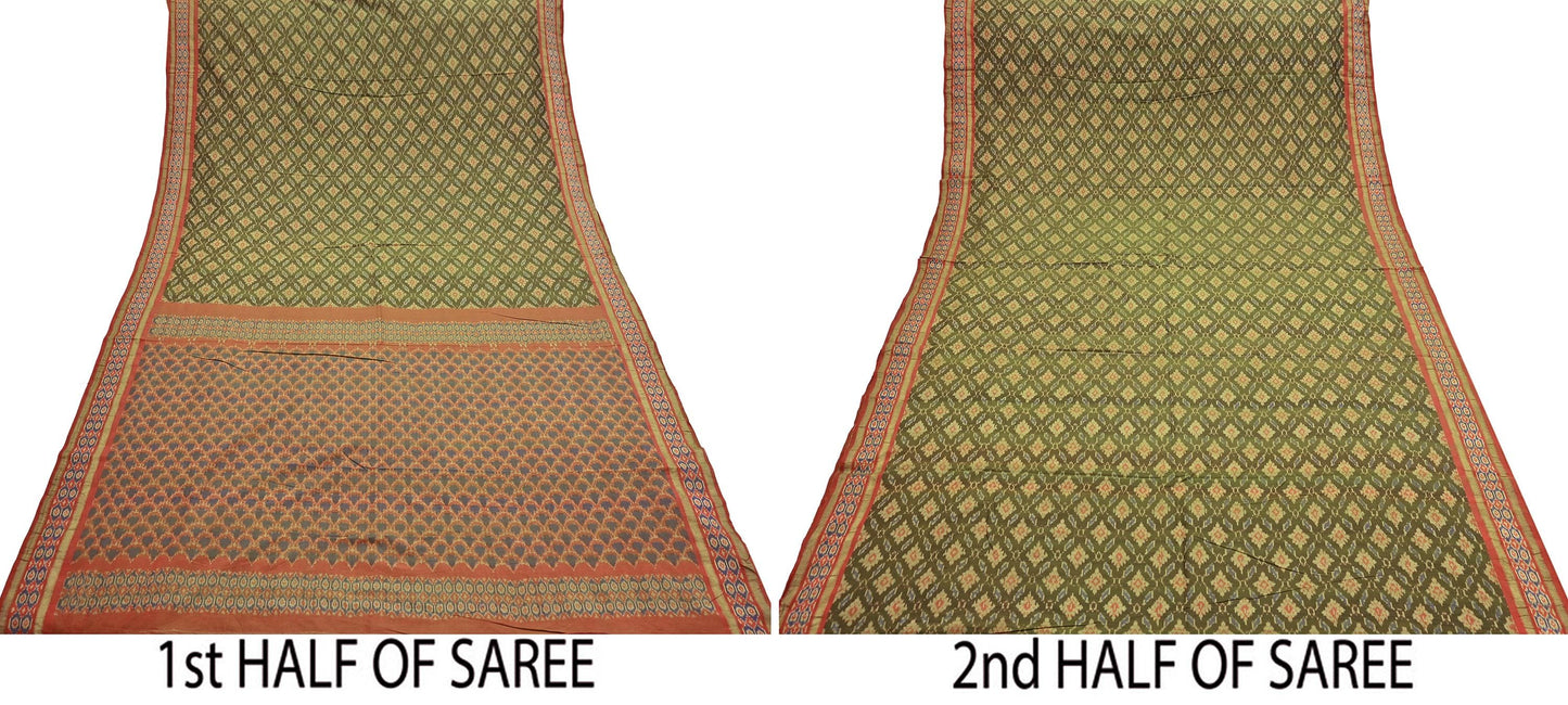 Indian Vintage Saree Green & orange Pure Silk Hand Woven Ikat Sari Craft Fabric 5Yard Dress Making Ethnic Premium Saree Quilting Crafting