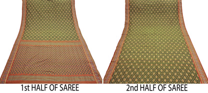 Indian Vintage Saree Green & orange Pure Silk Hand Woven Ikat Sari Craft Fabric 5Yard Dress Making Ethnic Premium Saree Quilting Crafting