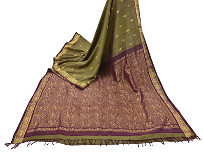 Indian Vintage Sari Green & maroon Blend Silk hand Woven Saree Craft Fabric 5yd Sewing Soft Dress Designing Crafting Quilting Zari Border