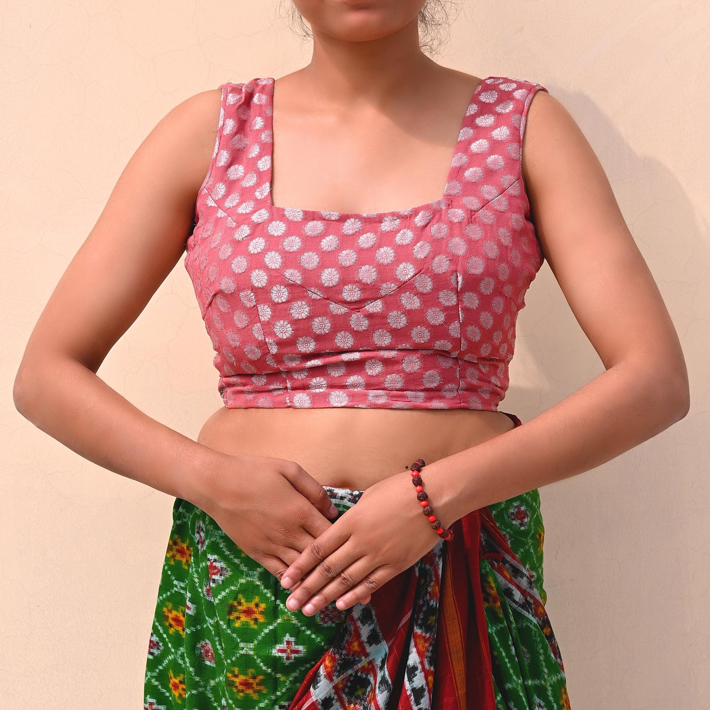 Indian Vintage Pink Georgette Hand Woven Sleeveless Blouse/Top/Crop Party wear Bollywood One Of a Kind Blouse