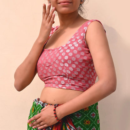 Indian Vintage Pink Georgette Hand Woven Sleeveless Blouse/Top/Crop Party wear Bollywood One Of a Kind Blouse