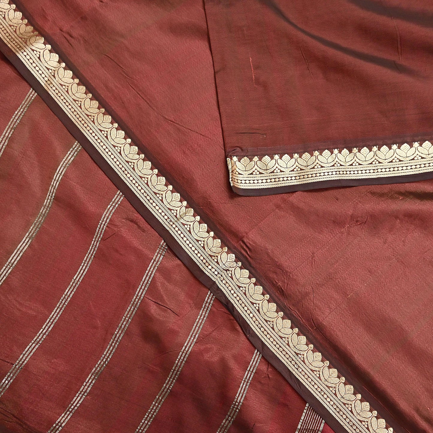 Indian Vintage Sari Maroon Mysore Silk Woven Sarees Craft Fabric 5Yd Ethnic South silk Dress Making Crafting Upcycle Quilting Zari Border