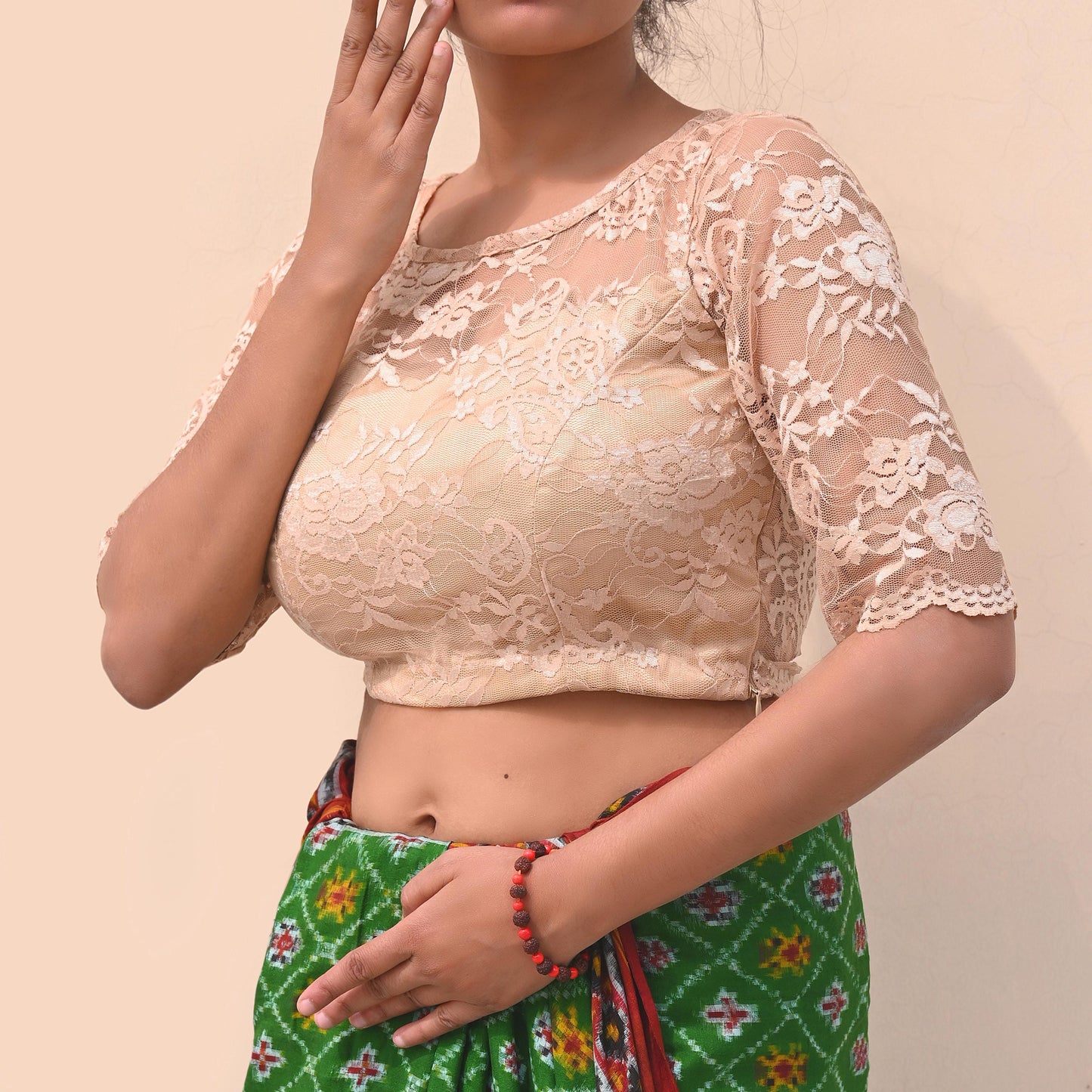 Indian Pre-owned Beige Net woven Blouse/Top/Crop Party wear Bollywood