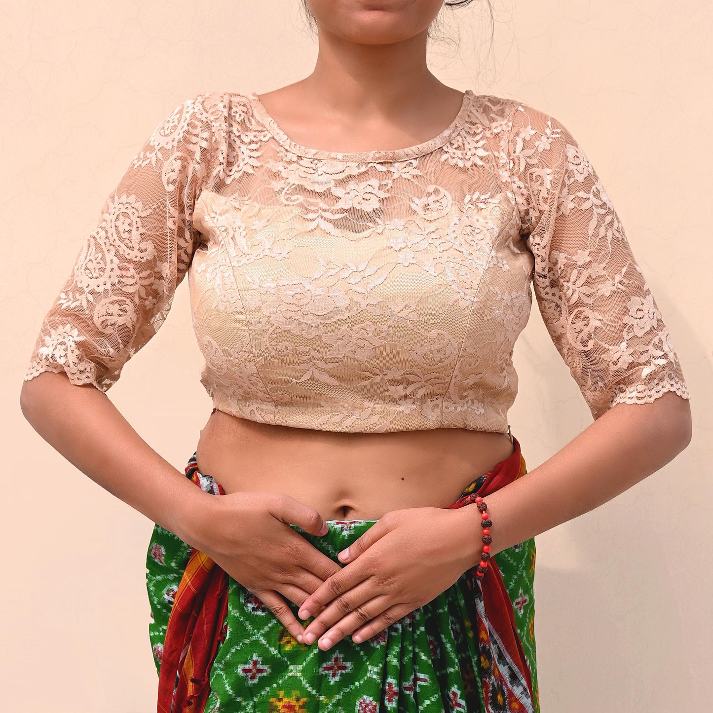 Indian Pre-owned Beige Net woven Blouse/Top/Crop Party wear Bollywood