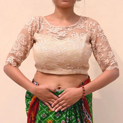 Indian Pre-owned Beige Net woven Blouse/Top/Crop Party wear Bollywood