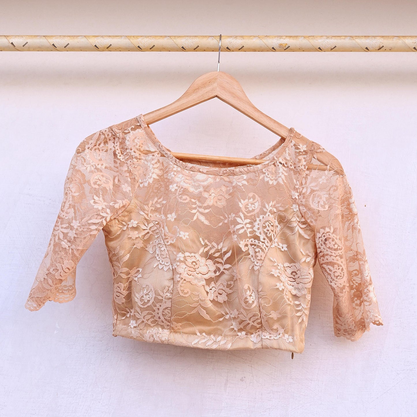 Indian Pre-owned Beige Net woven Blouse/Top/Crop Party wear Bollywood