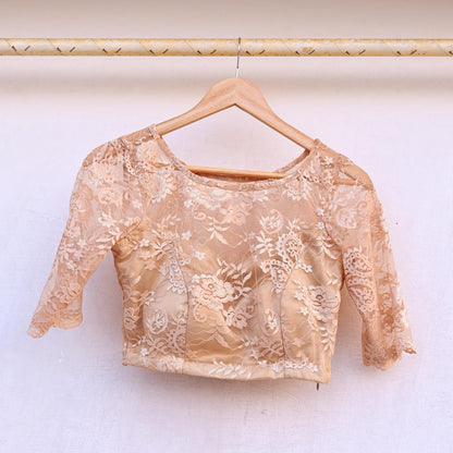 Indian Pre-owned Beige Net woven Blouse/Top/Crop Party wear Bollywood