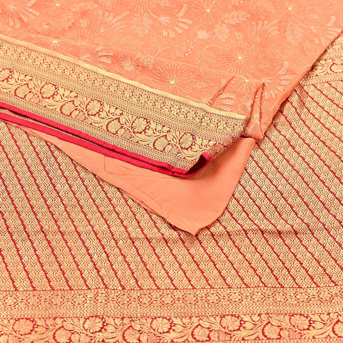Indian Vintage Orange & Red Saree Blend Georgette Hand Embroidered Sari Fabric 5Yard Sewing Soft Ethnic