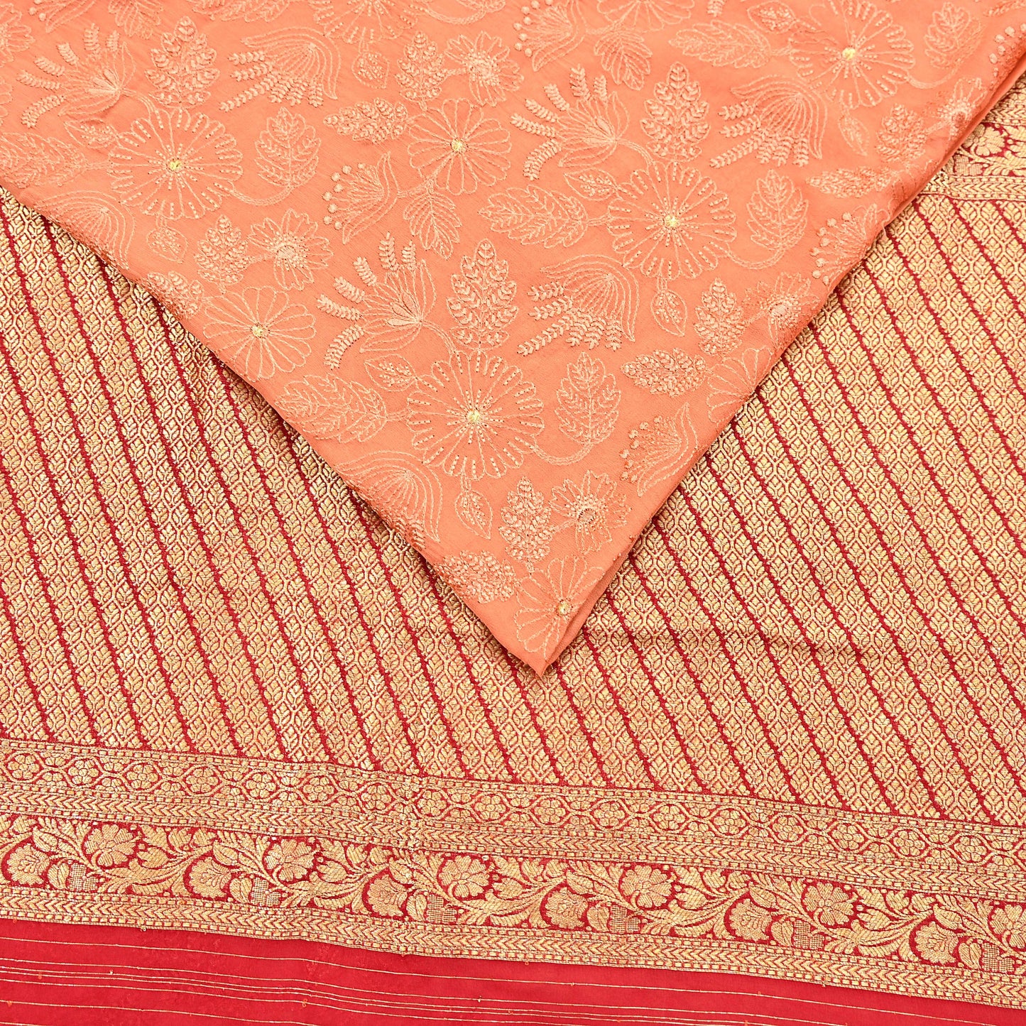 Indian Vintage Orange & Red Saree Blend Georgette Hand Embroidered Sari Fabric 5Yard Sewing Soft Ethnic