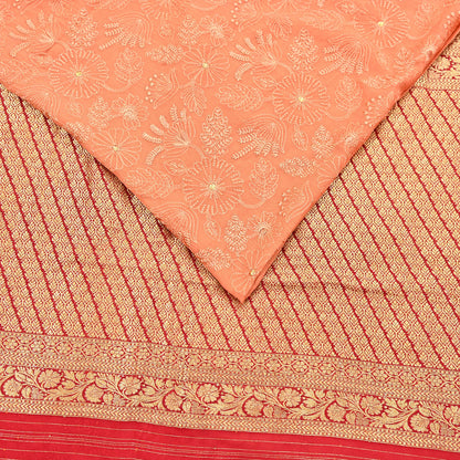 Indian Vintage Orange & Red Saree Blend Georgette Hand Embroidered Sari Fabric 5Yard Sewing Soft Ethnic