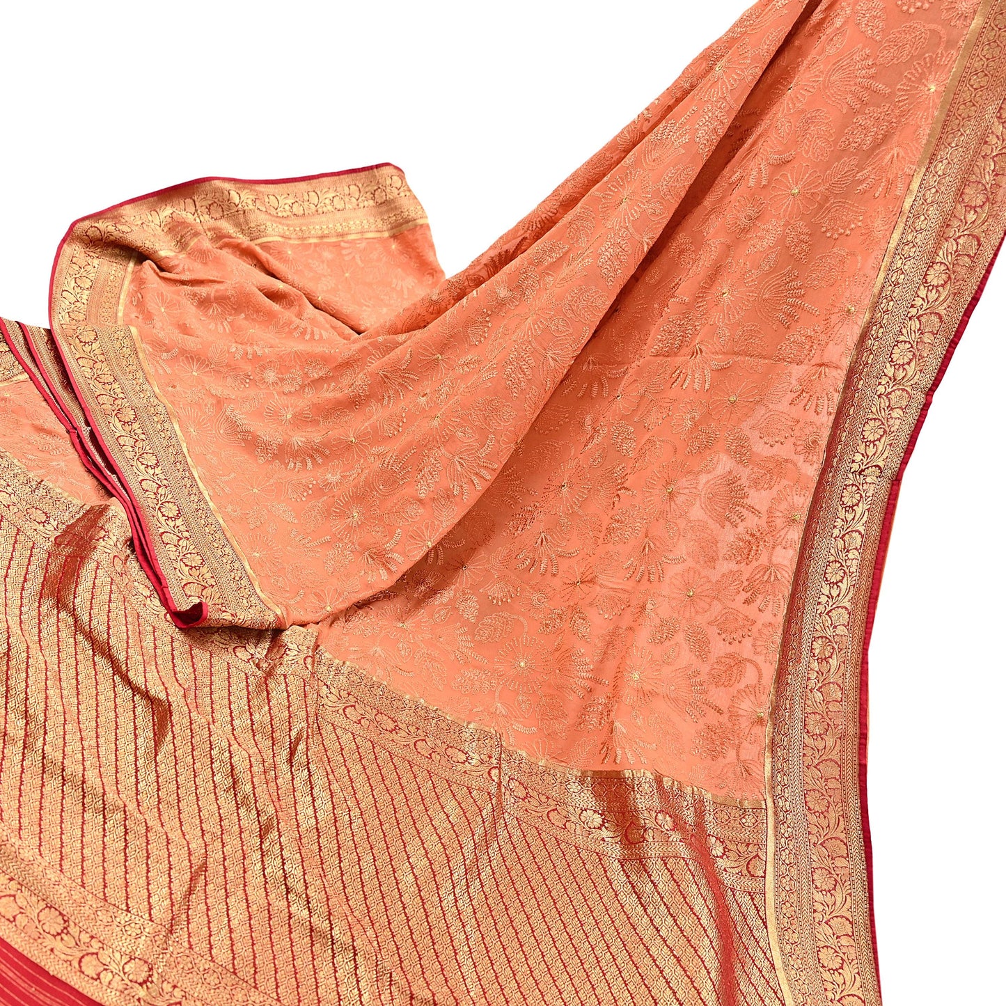 Indian Vintage Orange & Red Saree Blend Georgette Hand Embroidered Sari Fabric 5Yard Sewing Soft Ethnic