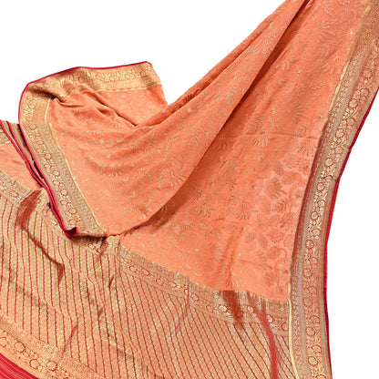 Indian Vintage Orange & Red Saree Blend Georgette Hand Embroidered Sari Fabric 5Yard Sewing Soft Ethnic