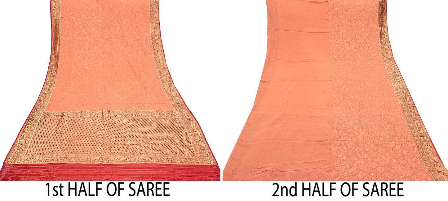 Indian Vintage Orange & Red Saree Blend Georgette Hand Embroidered Sari Fabric 5Yard Sewing Soft Ethnic