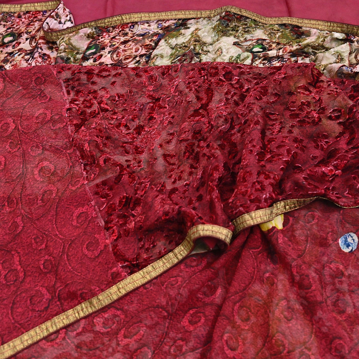 Indian Vintage Red & Multi Saree Pure Chiffon Silk Hand Embroidered Brasso Sari Fabric 5Yd Sewing Ethnic Dress Making For Crafting Quilting