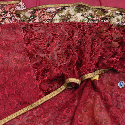 Indian Vintage Red & Multi Saree Pure Chiffon Silk Hand Embroidered Brasso Sari Fabric 5Yd Sewing Ethnic Dress Making For Crafting Quilting