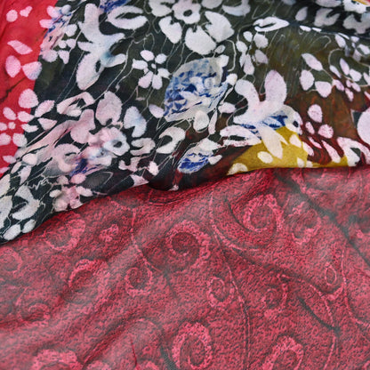 Indian Vintage Red & Multi Saree Pure Chiffon Silk Hand Embroidered Brasso Sari Fabric 5Yd Sewing Ethnic Dress Making For Crafting Quilting