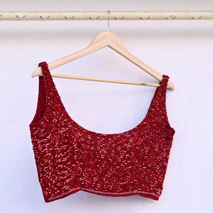 Indian Vintage Red Pure Georgette Silk Hand Embroidered sleeveless Blouse/Top/Crop Party wear Bollywood