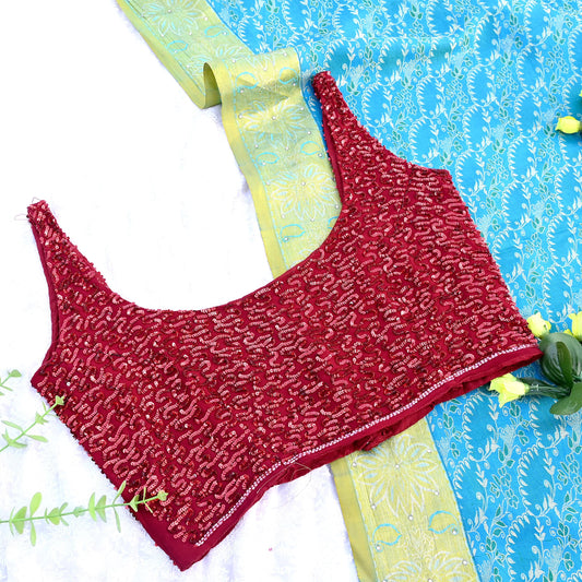 Indian Vintage Red Pure Georgette Silk Hand Embroidered sleeveless Blouse/Top/Crop Party wear Bollywood