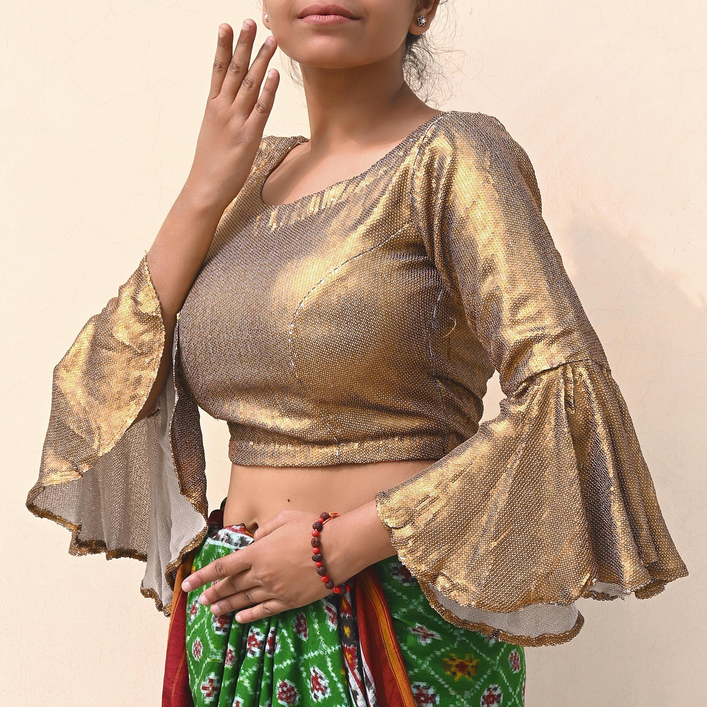 Indian Vintage Golden Beige Georgette Embroidered Padded Blouse/Top/Crop Party wear Bollywood