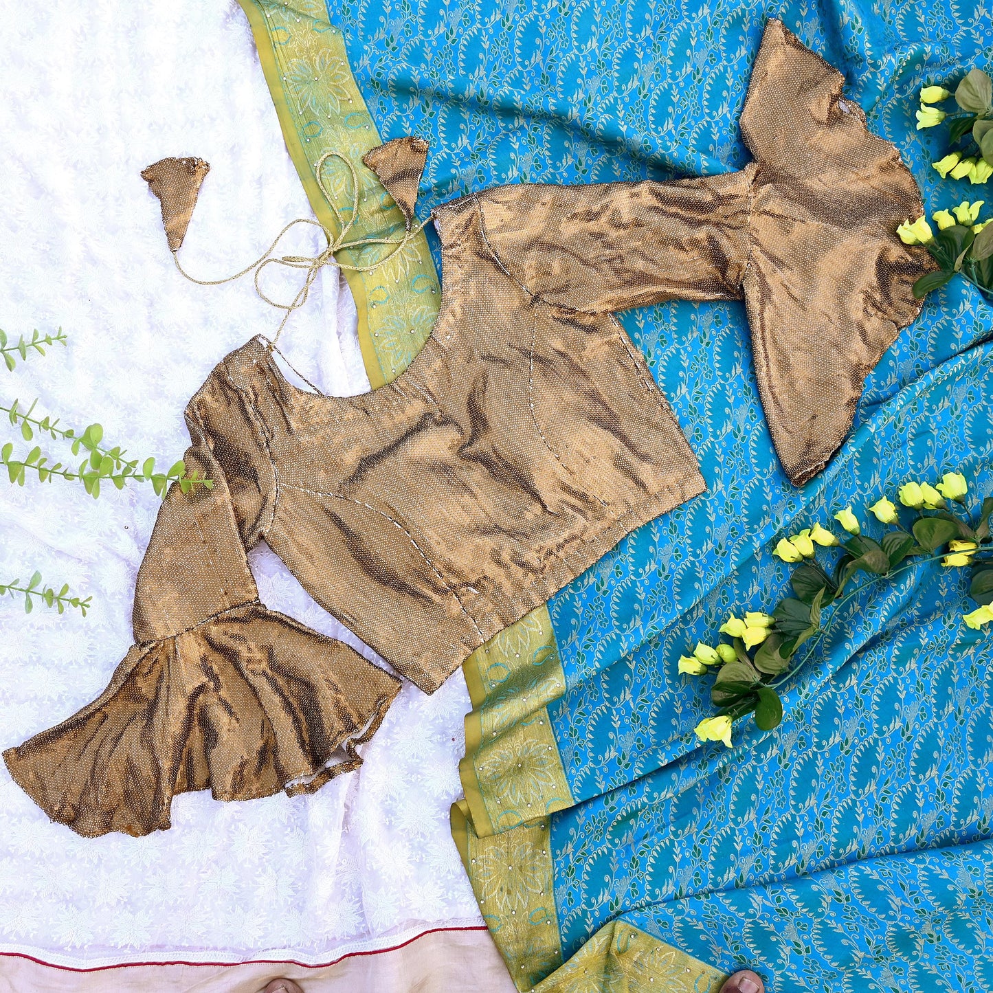 Indian Vintage Golden Beige Georgette Embroidered Padded Blouse/Top/Crop Party wear Bollywood