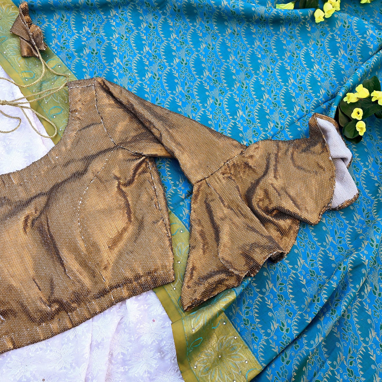 Indian Vintage Golden Beige Georgette Embroidered Padded Blouse/Top/Crop Party wear Bollywood