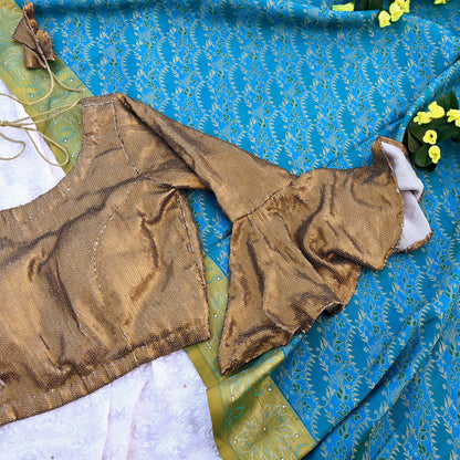 Indian Vintage Golden Beige Georgette Embroidered Padded Blouse/Top/Crop Party wear Bollywood
