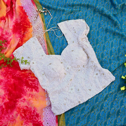 Indian Vintage White Pure Georgette Silk Hand Embroidered Padded Blouse/Top/Crop Party wear Bollywood