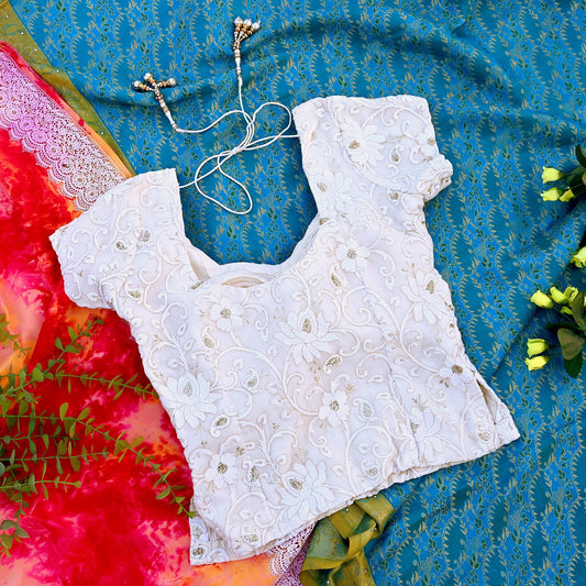 Indian Vintage White Pure Georgette Silk Hand Embroidered Padded Blouse/Top/Crop Party wear Bollywood