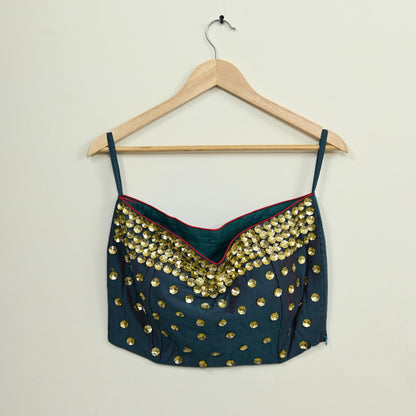 Indian New Green Raw silk Hand Embroidered Padded tube Top/Crop M Size Party wear Bollywood