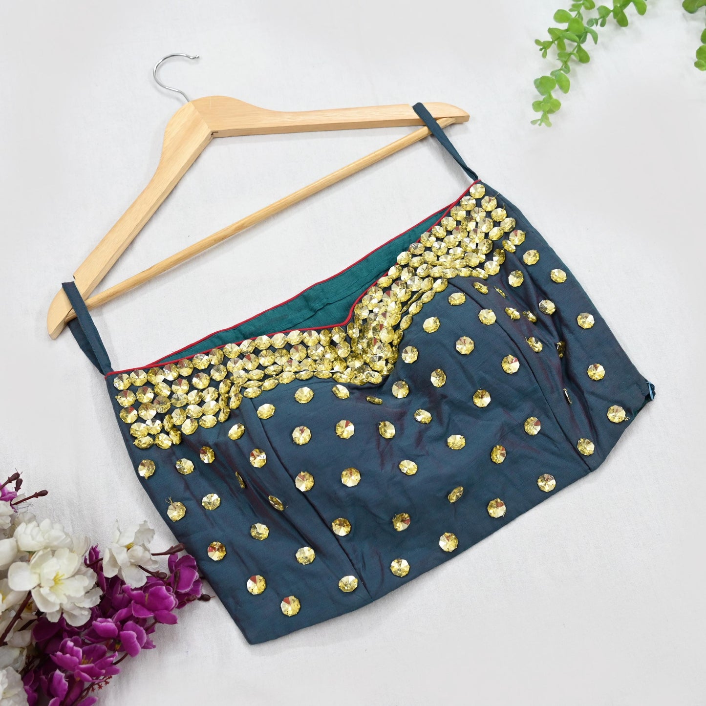 Indian New Green Raw silk Hand Embroidered Padded tube Top/Crop M Size Party wear Bollywood