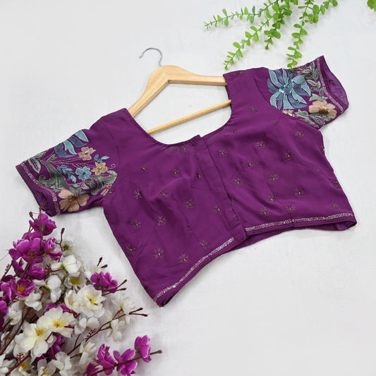 Indian Vintage Purple Pure Georgette silk Hand Embroidered Blouse/Top/Crop L Size Party wear Bollywood
