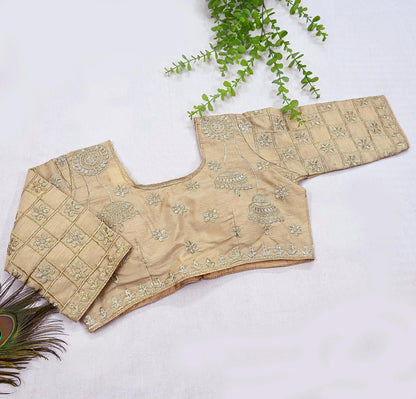 Indian New Baige Chanderi Hand Woven Padded Blouse/Top/Crop Party wear Bollywood Blouse