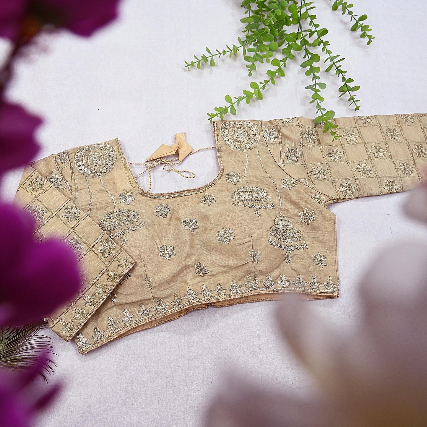 Indian New Baige Chanderi Hand Woven Padded Blouse/Top/Crop Party wear Bollywood Blouse