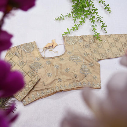 Indian New Baige Chanderi Hand Woven Padded Blouse/Top/Crop Party wear Bollywood Blouse