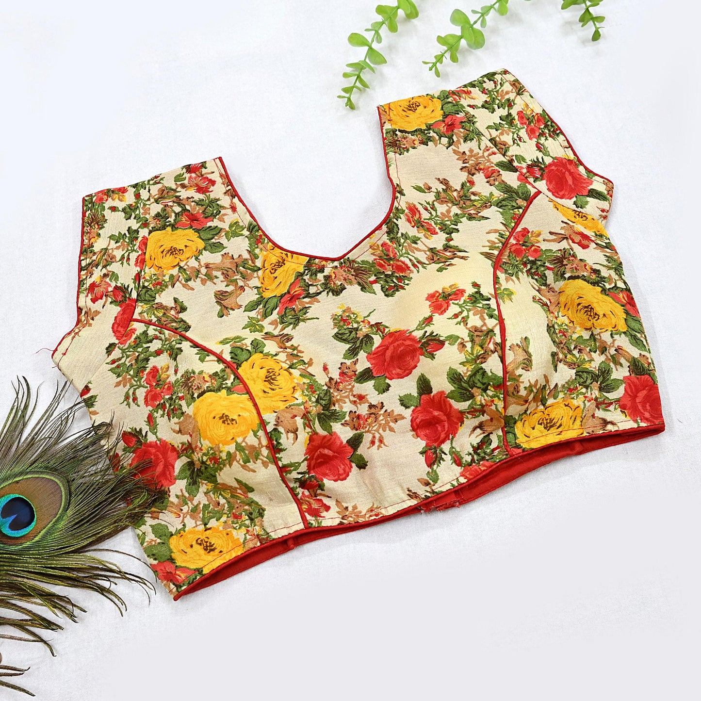 Indian New Beige Chanderi Digita Printed Padded Blouse/Top/Crop Party wear Bollywood Blouse