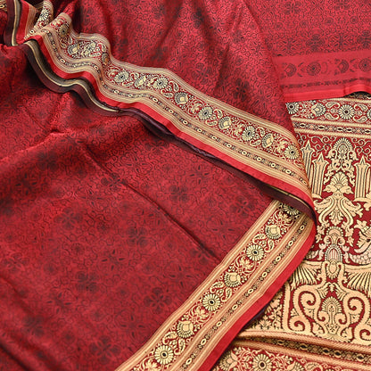 Vintage Maroon Banarasi Silk Saree Pure Satin Silk Handwoven Tanchoi Fabric with Floral Weave 5 Yard Dressmaking Craft Material