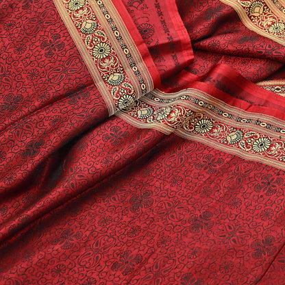 Vintage Maroon Banarasi Silk Saree Pure Satin Silk Handwoven Tanchoi Fabric with Floral Weave 5 Yard Dressmaking Craft Material