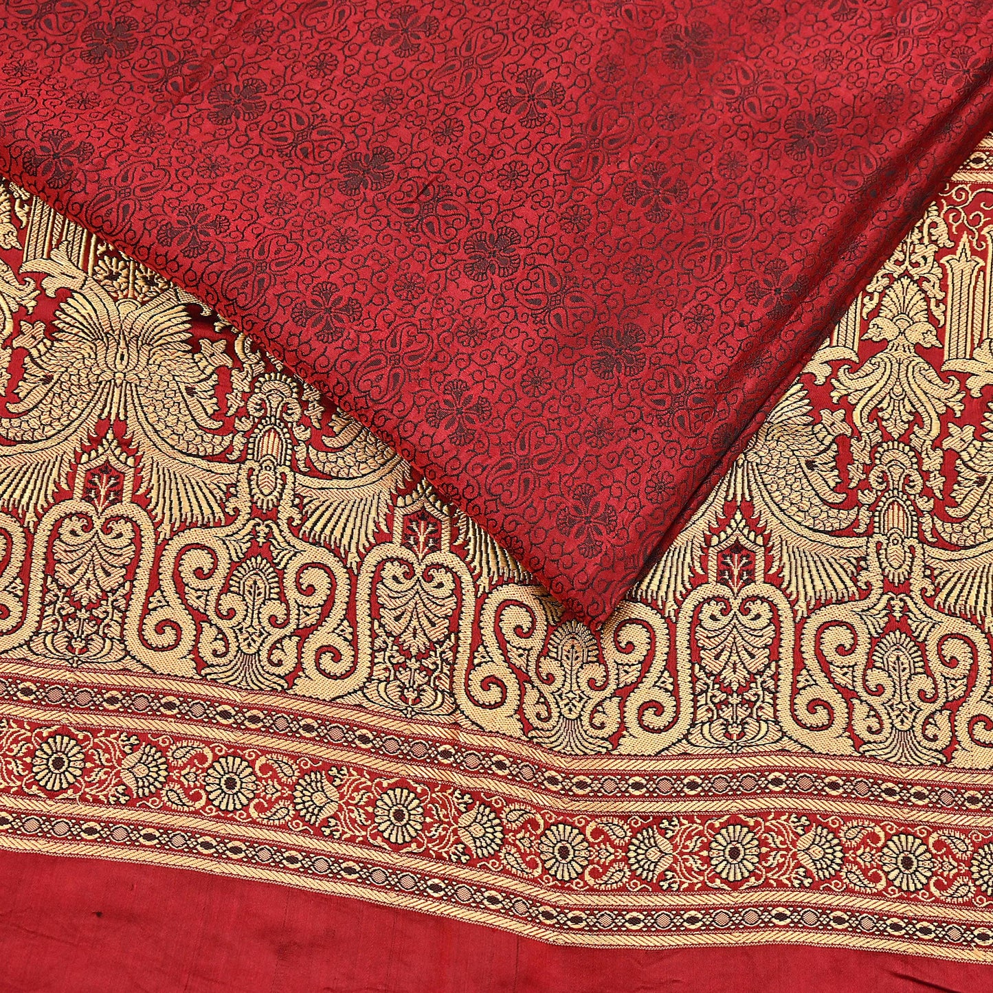 Vintage Maroon Banarasi Silk Saree Pure Satin Silk Handwoven Tanchoi Fabric with Floral Weave 5 Yard Dressmaking Craft Material