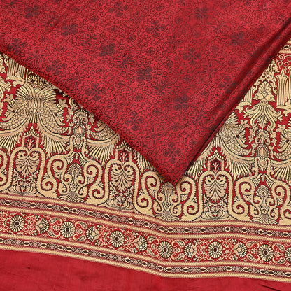 Vintage Maroon Banarasi Silk Saree Pure Satin Silk Handwoven Tanchoi Fabric with Floral Weave 5 Yard Dressmaking Craft Material