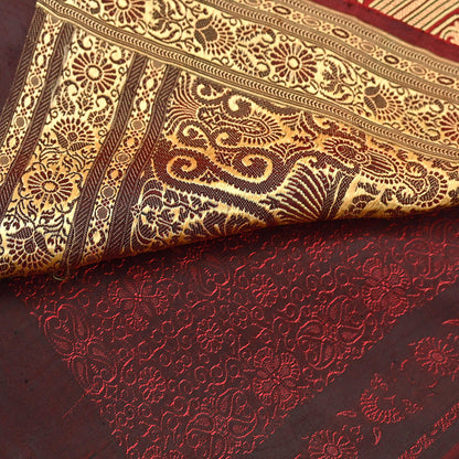 Vintage Maroon Banarasi Silk Saree Pure Satin Silk Handwoven Tanchoi Fabric with Floral Weave 5 Yard Dressmaking Craft Material
