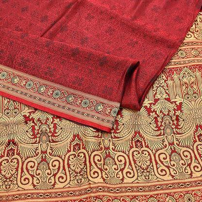 Vintage Maroon Banarasi Silk Saree Pure Satin Silk Handwoven Tanchoi Fabric with Floral Weave 5 Yard Dressmaking Craft Material