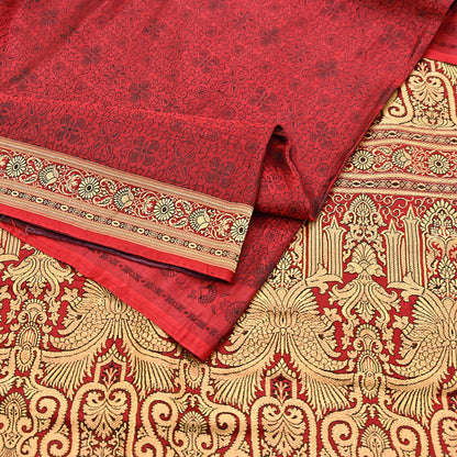 Vintage Maroon Banarasi Silk Saree Pure Satin Silk Handwoven Tanchoi Fabric with Floral Weave 5 Yard Dressmaking Craft Material