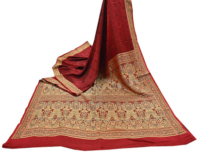 Vintage Maroon Banarasi Silk Saree Pure Satin Silk Handwoven Tanchoi Fabric with Floral Weave 5 Yard Dressmaking Craft Material