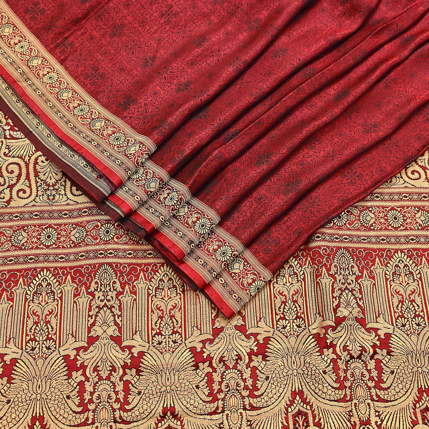 Vintage Maroon Banarasi Silk Saree Pure Satin Silk Handwoven Tanchoi Fabric with Floral Weave 5 Yard Dressmaking Craft Material