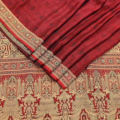 Vintage Maroon Banarasi Silk Saree Pure Satin Silk Handwoven Tanchoi Fabric with Floral Weave 5 Yard Dressmaking Craft Material