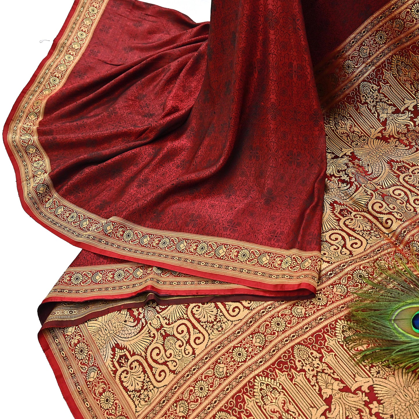 Vintage Maroon Banarasi Silk Saree Pure Satin Silk Handwoven Tanchoi Fabric with Floral Weave 5 Yard Dressmaking Craft Material