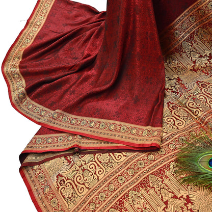 Vintage Maroon Banarasi Silk Saree Pure Satin Silk Handwoven Tanchoi Fabric with Floral Weave 5 Yard Dressmaking Craft Material