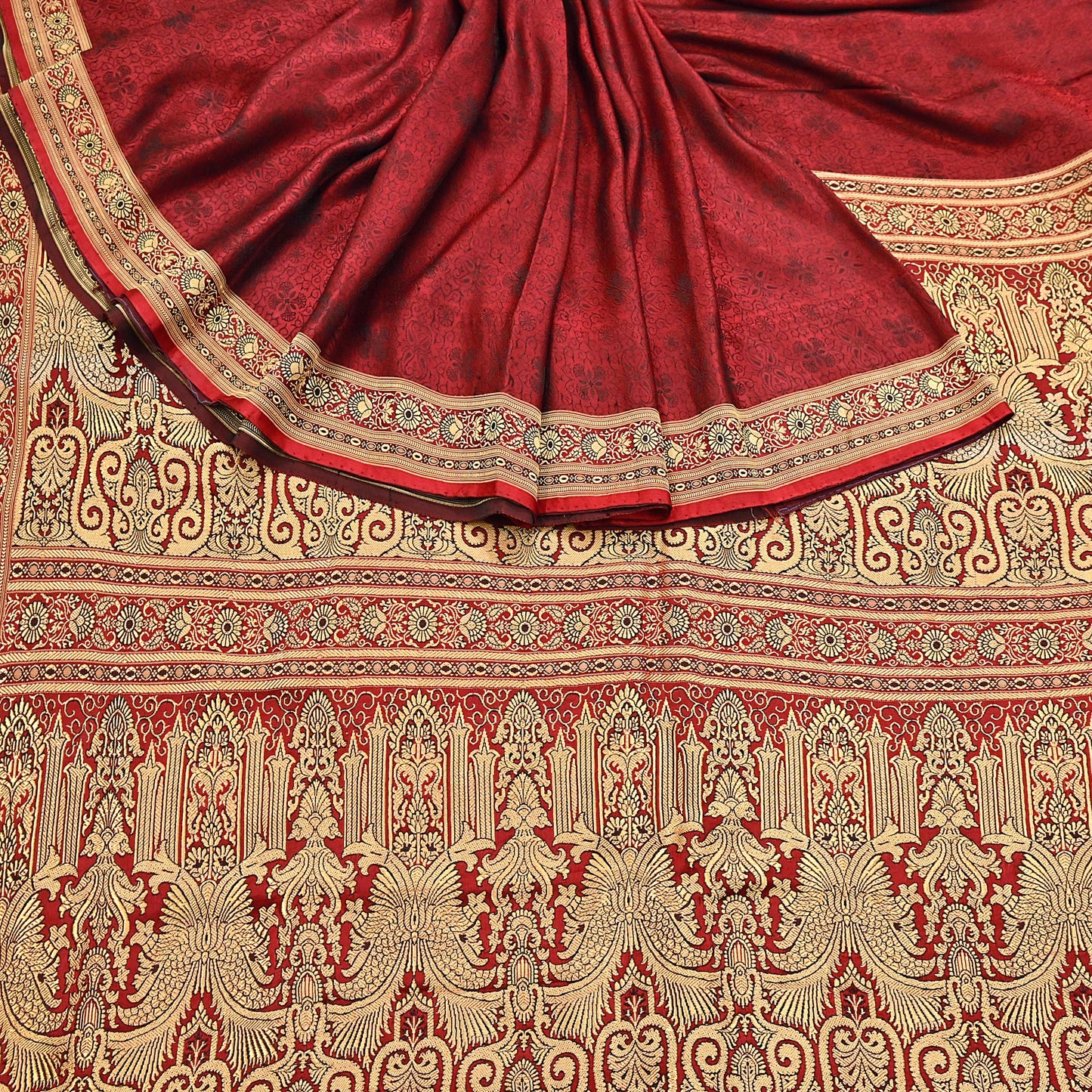 Vintage Maroon Banarasi Silk Saree Pure Satin Silk Handwoven Tanchoi Fabric with Floral Weave 5 Yard Dressmaking Craft Material