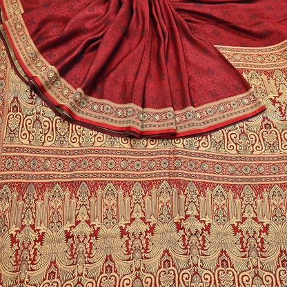 Vintage Maroon Banarasi Silk Saree Pure Satin Silk Handwoven Tanchoi Fabric with Floral Weave 5 Yard Dressmaking Craft Material